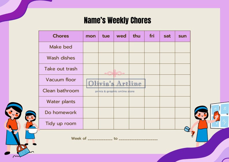 Weekly Household Task Kids Weekly Household Chores Chart: Daily Task Reminder, Printable ...
