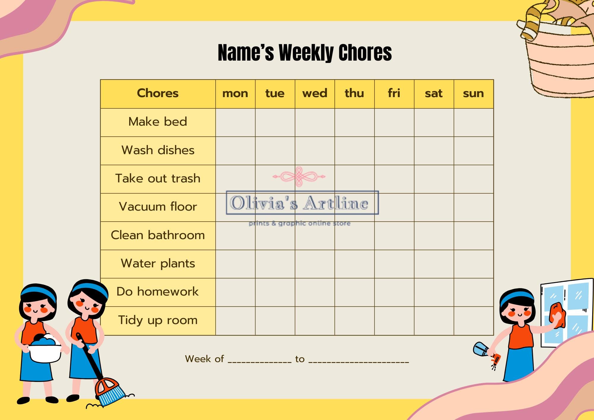 Weekly Household Task Kids Weekly Household Chores Chart: Daily Task Reminder, Printable ...