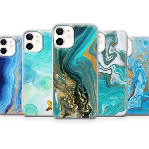 Blue Marble Phone Case With Gold Cover fit for iPhone 14 Pro, 13, 12, 11, XR, 8+, 7 & Samsung S21, A50, A51, A53, Huawei P20, P30 Lite