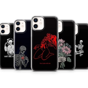 May include: A collection of black phone cases with various illustrations. Designs include a skeleton smoking, a skeleton with a red heart, a red illustration of two figures with the text "Don't play with me", a bouquet of flowers, and a skeleton skateboarding.
