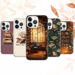 May include: Four different phone cases with autumnal themes. The cases feature images of books, a library, and fall leaves. One case has the text "Books are my happy place".