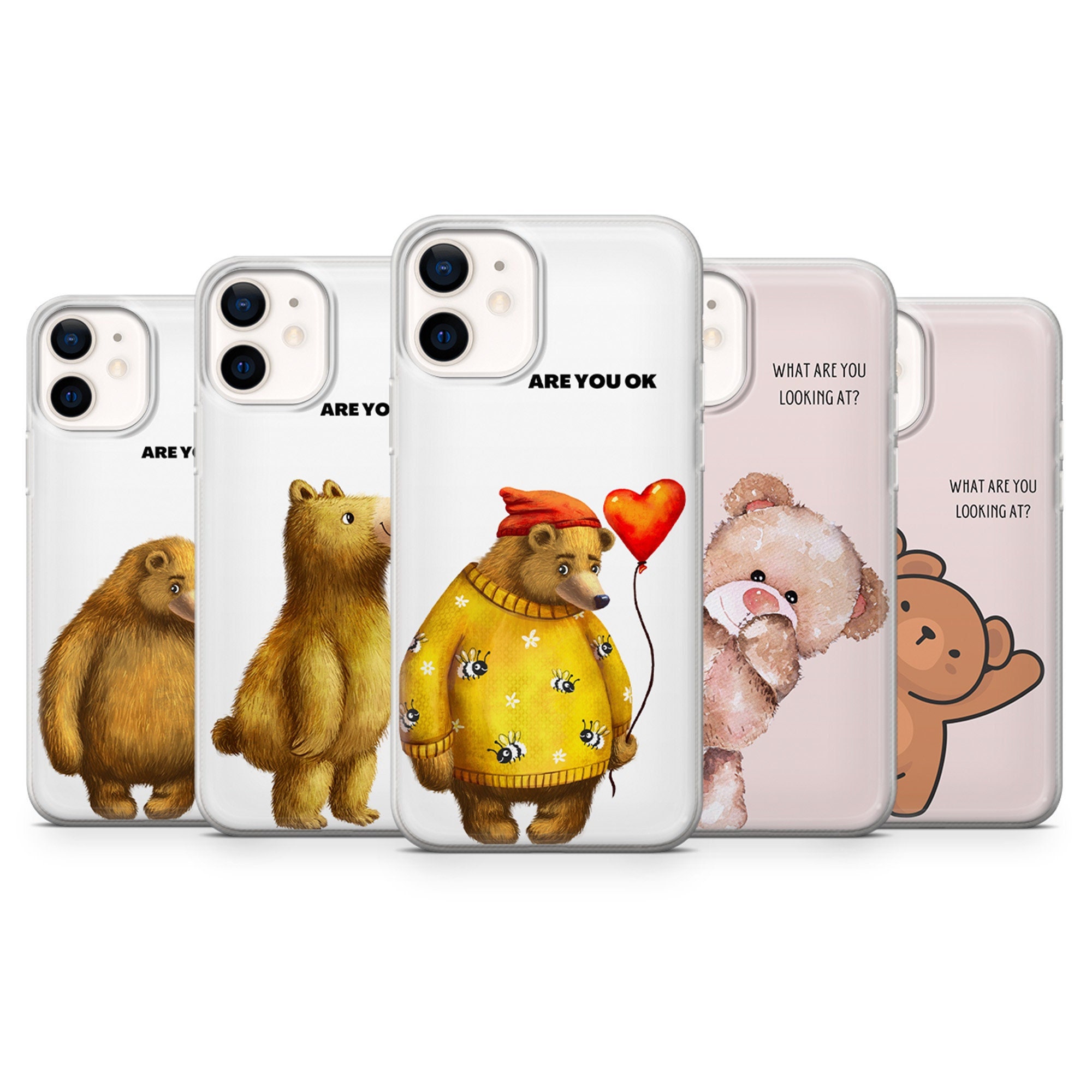 Cute Bear Phone Case Kawaii Cover fit for iPhone 14 Pro, 13, 12, 11, XR, 8+, 7 & Samsung S21, A50, A51, A53, Huawei P20, P30 Lite