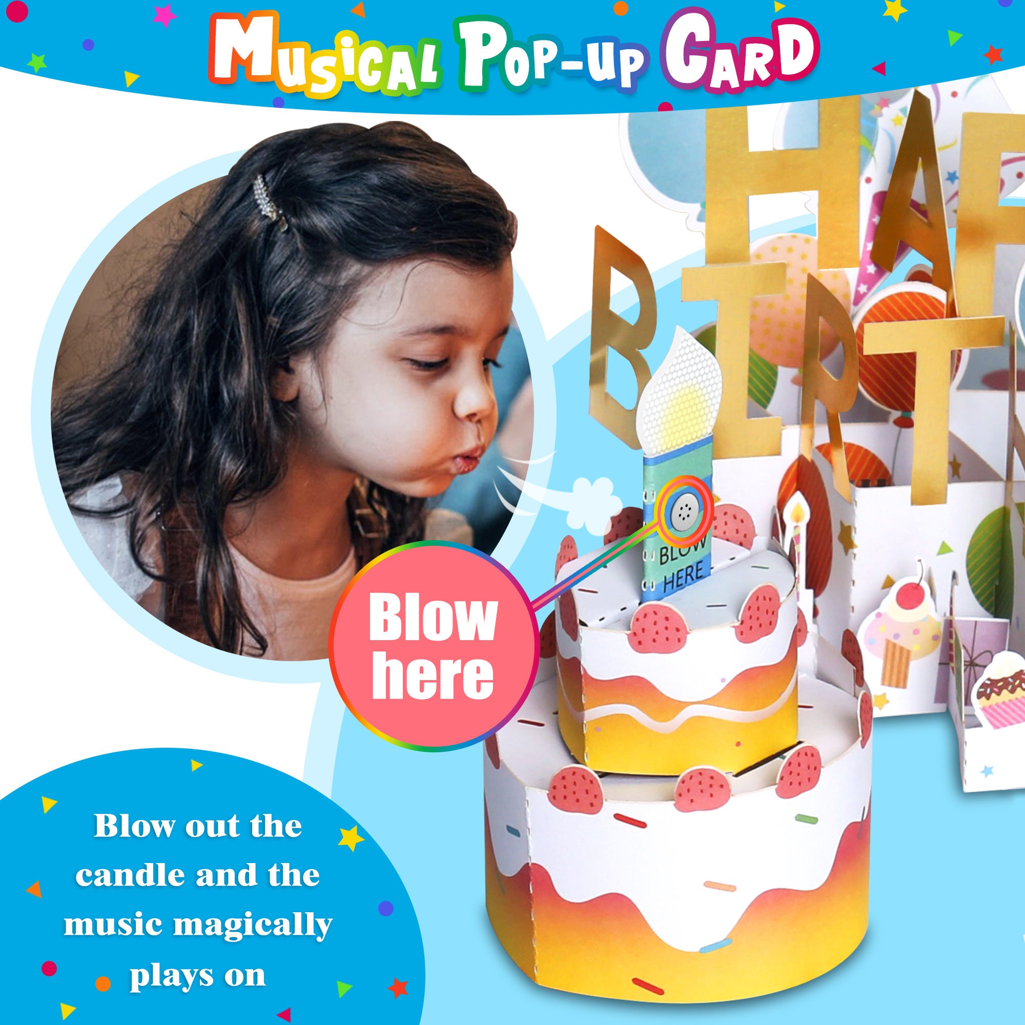 Brthday Cards, 3D PopUp Muscal Brthday Cards Wth Blowable LED Lght