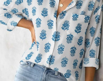Floral Toile Print Blouse: Cotton-Linen Button-Down Shirt