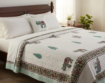 Handmade Cotton Kantha Quilt: Floral Hand Block Print, Reversible Indian Bedspread