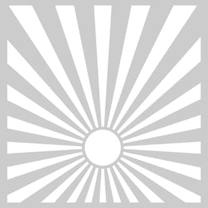 May include: A white sunburst design on a gray background. The sunburst has a white circle in the center.