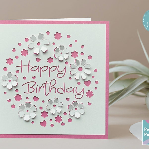 3D birthday card SVG, pop up square birthday card, flower birthday greeting, papercut 5 x 7 card SVG, Cricut card cut file, Floral card SVG