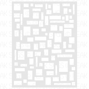 Könnte beinhalten: Ein digitales Design mit einem geometrischen Muster aus weißen Quadraten und Rechtecken auf grauem Hintergrund.