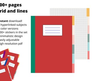 Minimal Portrait Digital Student Notebook & Stickers | 500+ Grid Line Pages | 6 Hyperlinked Tab Dividers for Subjects | GoodNotes Notability