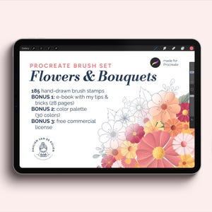 Procreate Brushes Flowers & Bouquets | Floral and Botanical Brush Stamps | Procreate for beginners | Color Palette + E-book + License