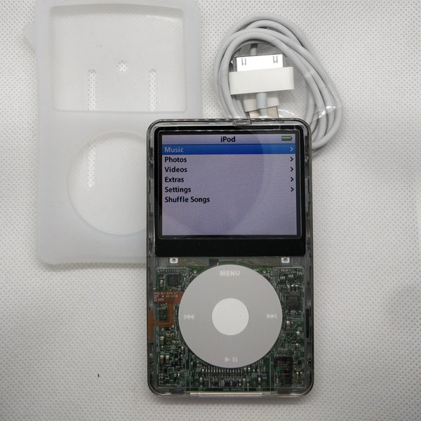 Apple iPod Classic - 5a generazione, trasparente+bianco (batteria da 3000 mAh, personalizzata)