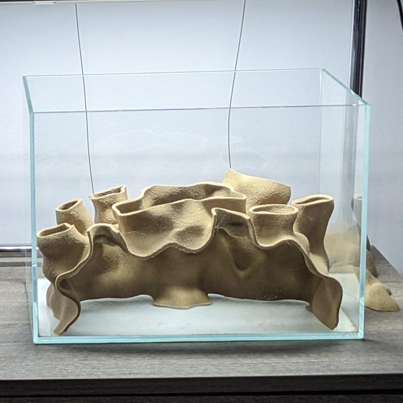 May include: A beige, coral-shaped aquarium decoration inside a clear glass tank. The coral has a textured surface and a wavy, organic form. The tank sits on a wooden surface.