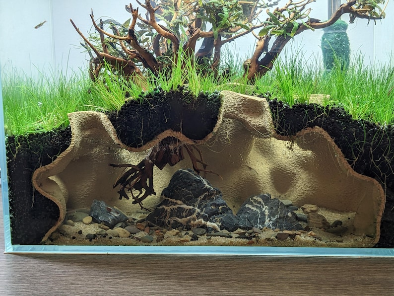 May include: An aquarium with a naturalistic design. The tank features a layered landscape with sand, rocks, and a tan-colored, textured structure. Green plants and driftwood are also present, creating a miniature underwater ecosystem.