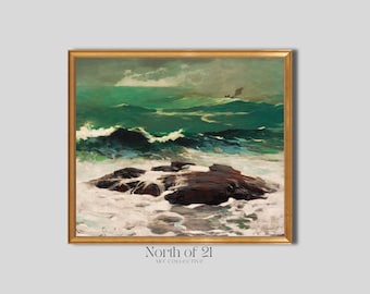 May include: A framed oil painting depicting a turbulent sea with deep green waves crashing against dark brown rocks in the foreground. A small boat is visible on the horizon under a stormy sky. The text North of 21 Art Collective is below.