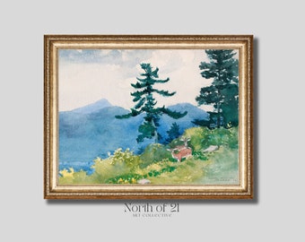 Mountain Landscape Vintage Print, Digital Download, Printable Art, Oil Painting, Deer Print, Home Wall Decor, Wall Art, Canvas Print