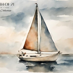 The sailboat itself may exhibit a graceful composition, with attention to detail in the rigging and sails. Muted blues and greens often dominate the seascape, evoking a sense of calm and tranquility.