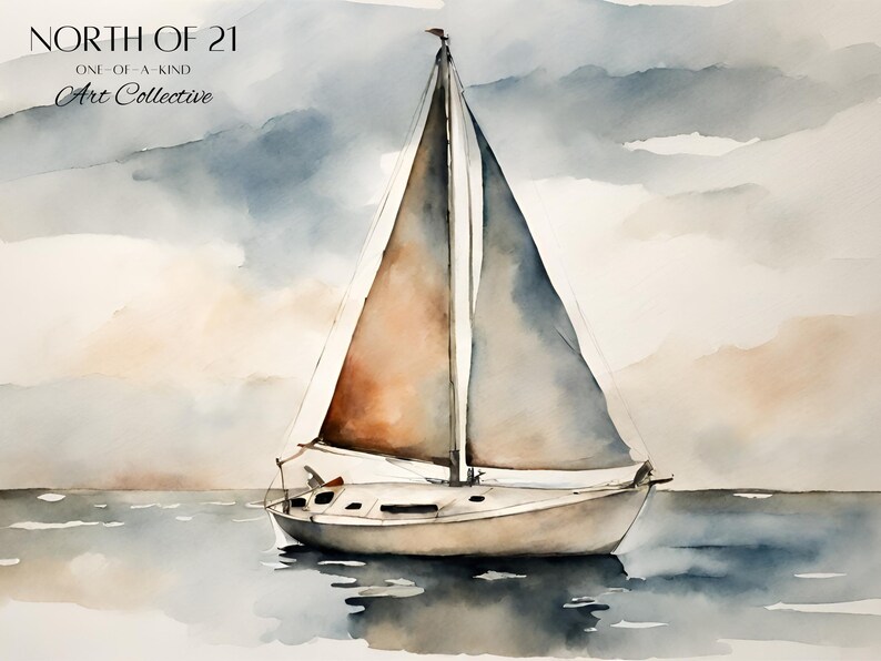 The sailboat itself may exhibit a graceful composition, with attention to detail in the rigging and sails. Muted blues and greens often dominate the seascape, evoking a sense of calm and tranquility.