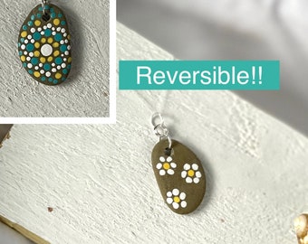 REVERSIBLE Beach Rock Pendant Daisies Abstract Dots Mandala White Yellow Teal Necklace Stone