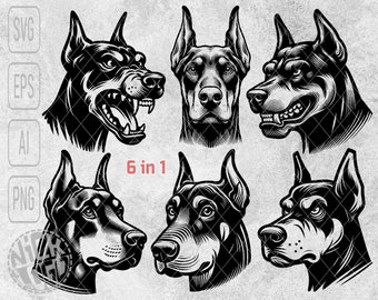 6 In 1 Bundle Doberman Dog Face Head Bust Puppy Pet Cute SVG PNG