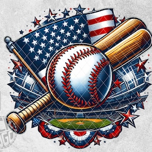 May include: A baseball, bat, and American flag with stars and stripes, all arranged around a baseball field. The image is in a vintage style with a grunge background.