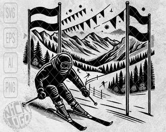 Ski Alpin Downhill Rennszene Slalom Super-G Freestyle Ski Helm Schnee Winter Berge Sport SVG PNG