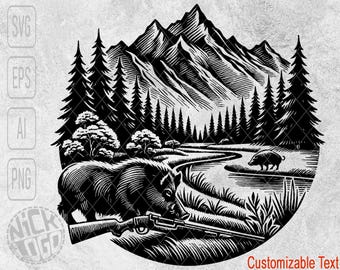 Wald Jagdszene Wildschwein Jäger Gewehr Hirsch Elch Fuchs Adler Vielfraß Kaninchen Berge SVG PNG