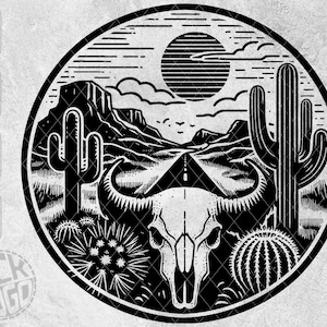 May include: Black and white illustration of a desert landscape with a skull, cacti, and a road leading into the distance. The sun is setting in the background.