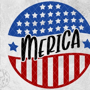 May include: A red, white, and blue circle with a stylized American flag design. The word "MERICA" is written in black across the center of the circle.