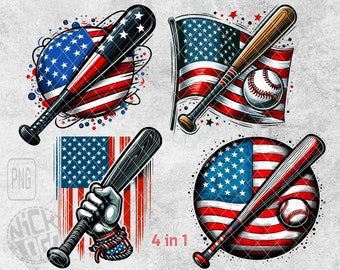 4 in 1 Bundle Baseball Scene American Flag Bat Batter Hitter Slugger Pitcher Catcher Sports Outdoor PNG