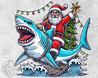 Santa Claus Riding Shark Merry Christmas Lights PNG