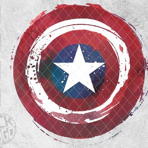 以下が含まれることがあります： キャプテンアメリカのシールドの赤、白、青の水彩画のイラスト。シールドの中央には白い星があり、赤と青のストライプの白い円に囲まれています。