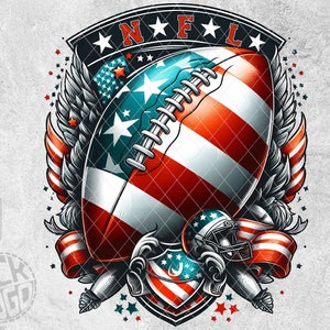 May include: A red, white, and blue American football with stars and stripes, surrounded by wings and a shield with the letters "NFL".