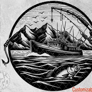 Puede incluir: Ilustración en blanco y negro de un barco de pesca con un anzuelo y un pez en el agua. El barco está en primer plano y las montañas están en el fondo. El texto "Customizable Text" está en la parte inferior de la imagen.