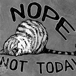 Puede incluir: Ilustración en blanco y negro de un gato enroscado con el texto "Nope Not Today" encima.