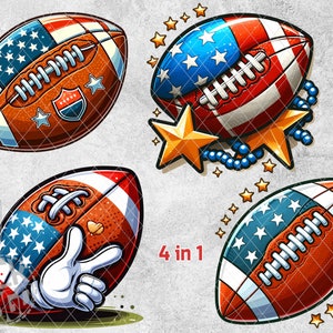 May include: Four different designs of American footballs with a red, white, and blue patriotic design.  The footballs are in various poses, including a football with a hand giving a peace sign.  The text "4 in 1" is visible in the image.