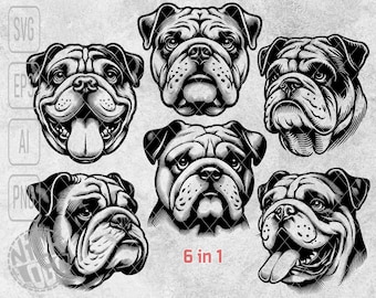 6 In 1 Bundle Bulldogge Gesicht Kopf Büste Welpe Haustier Hund Süß SVG PNG