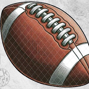 May include: A brown leather football with white laces and white stripes. The football has a textured surface and is drawn in a vintage style.