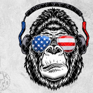 May include: A black and white illustration of a gorilla wearing red and blue headphones and sunglasses with an American flag design.