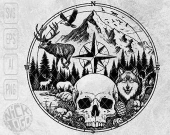Nature Wild Scene Grizzly Bear Goat Elk Sheep Deer Eagle Wolf Skull Adventure Hiking Forest Mountain Compass SVG PNG