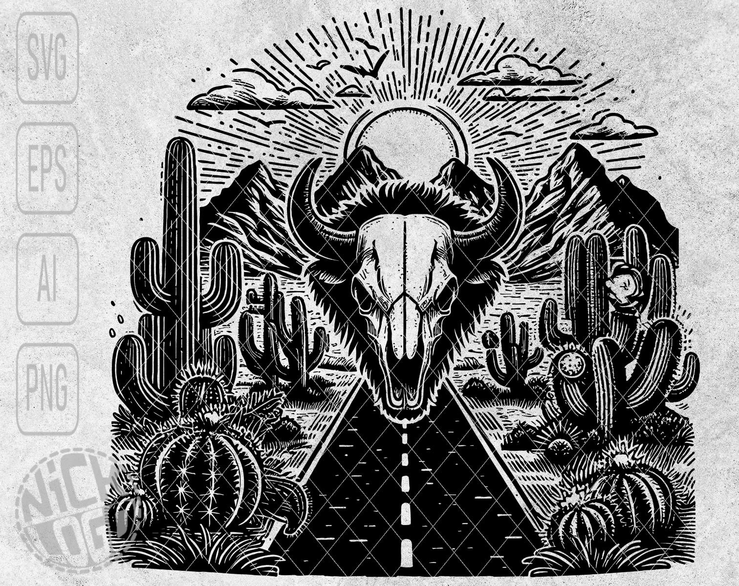 Désert nature scène autoroute taureau buffle crâne humain cactus faucon renard scorpion montagnes Rocheuses sable lune soleil SVG PNG