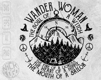 Wandern Frau Hexe Löwin Hippie Camping Reise Abenteuer Wandern Wild Wald Berg Kompass Bär SVG PNG