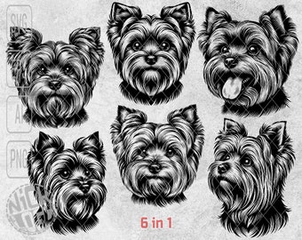 6 In 1 Bundle Yorkshire Terrier Face Head Bust Puppy Pet Dog Cute SVG PNG