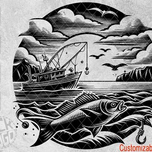 Puede incluir: Ilustración en blanco y negro de un barco de pesca con una red, un pez saltando fuera del agua y el texto "Texto personalizable".