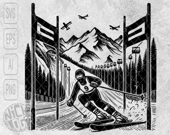Ski Alpin Downhill Rennszene Slalom Super-G Freestyle Ski Helm Schnee Winter Berge Sport SVG PNG