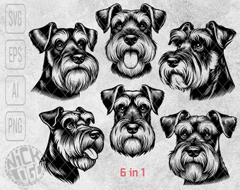 6 In 1 Bundle Schnauzer Face Head Bust Puppy Pet Dog Cute SVG PNG