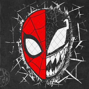 Op de afbeelding: Een zwart-wit grafisch ontwerp van een gesplitst gezicht. De linkerkant is een rood-zwart Spider-Man-masker, en de rechterkant is een wit Venom-masker met een dreigende grijns.