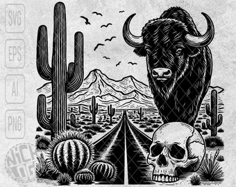 Desert Nature Scene Highway Bull Buffalo Human Skull Cactus Hawk Fox Scorpion Rocky Mountains Sand Moon Sun SVG PNG