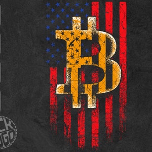 Pode incluir: Um design de bandeira americana desgastado com um grande símbolo Bitcoin amarelo e branco sobreposto. A bandeira é vermelha, branca e azul com um efeito grunge.