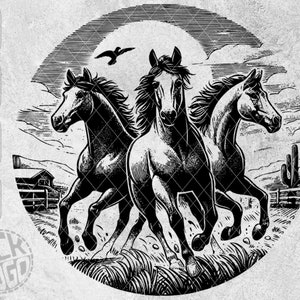 May include: Black and white illustration of three horses running in a field. The horses are in a circular frame with a desert landscape in the background.