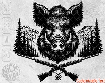 Forest Hunting Scene Boar Hunter Rifle Deer Elk Fox Eagle Wolverine Rabbit Mountains SVG PNG